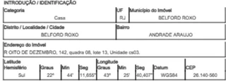 Imóvel 2820401 ['8444433564432'] - ['RUA OITO,N. 142 CS 03 QD 11 LT 13, ANDRADE ARAUJO - CEP: 26140-560, BELFORD ROXO - RIO DE JANEIRO'] ['Andrade Araujo'] - ['Belford Roxo']/['RJ'] - 1