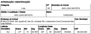 Imóvel 2917404 [''] - ['Rua Sello Dias N. 00, QD B, LT 34 - Cardoso - São João Batista/SC'] [''] - ['São João Batista']/['SC'] - 1