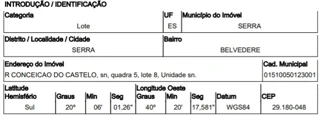 Imóvel 2583307 ['10258754'] - ['RUA CONCEICAO DO CASTELO,N. S/N QD 05, LT 08, BELVEDERE - CEP: 29180-048, SERRA - ESPIRITO SANTO'] ['Belvedere'] - ['Serra']/['ES'] - 1