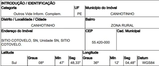 Imóvel 2900713 ['10283568'] - ['SÍTIO COTOVELO - ESTRADA CANHOTINHO - OLHO D AGUA,N. 00 LT 07/11.255, ZONA RURAL - CEP: 55420-000, CANHOTINHO - PERNAMBUCO'] [''] - ['Canhotinho']/['PE'] - 1