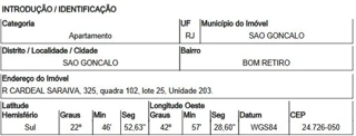 Imóvel 1650216 ['8444417442042'] - ['RUA CARDEAL SARAIVA,N. 325 APTO. 203 QD 102, LT 25, BOM RETIRO - CEP: 24726-050, SAO GONCALO - RIO DE JANEIRO'] ['Bom Retiro'] - ['São Gonçalo']/['RJ'] - 1