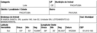 Imóvel 2774918 ['10286315'] - ['RUA MARIA SANTA,N. 00 QD 10, LT 02, PAVUNA - CEP: 61810-165, PACATUBA - CEARA'] ['Sen. Carlos Jereissati'] - ['Pacatuba']/['CE'] - 1