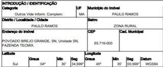 Imóvel 2961619 ['10309348'] - ['POVOADO BREJO GRANDE (GLEBA RURAL),N. 00, ZONA RURAL - CEP: 65716-000, PAULO RAMOS - MARANHAO'] [''] - ['Paulo Ramos']/['MA'] - 1