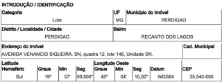 Imóvel 2636820 ['10277181'] - ['AVENIDA VENANCIO SIQUEIRA,N. S/N QD 12, LT 146, CENTRO - CEP: 35545-000, PERDIGAO - MINAS GERAIS'] [''] - ['Perdigão']/['MG'] - 1