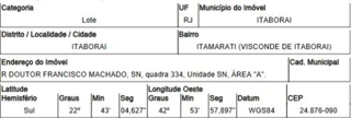 Imóvel 1352723 ['1555506174136'] - ['RUA DOUTOR FRANCISCO MACHADO,N. SN QD 334, AREA A, ITAMARATI (VISCONDE DE ITABORAI) - CEP: 24876-090, ITABORAI - RIO DE JANEIRO'] ['Itamarati'] - ['Itaboraí']/['RJ'] - 1