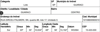 Imóvel 2970523 [''] - ['RUA DIRCEU PALMIERI, N. S/N, QD 86, LT 17, CENTRO, - GUARACI/SP - CEP: 15000420, CENTRO'] [''] - ['Guaraci']/['SP'] - 1