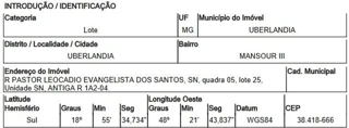 Imóvel 2583324 ['8444428339442'] - ['RUA PASTOR LEOCADIO EVANGELISTA DOS SANTOS,N. SN LT 25 QD 05, MANSOUR III - CEP: 38418-666, UBERLANDIA - MINAS GERAIS'] [''] - ['Uberlândia']/['MG'] - 1