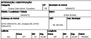 Imóvel 2981428 ['10309352'] - ['SITÍO GRAVATÁ,N. 00, ZONA RURAL - CEP: 56160-000, GRANITO - PERNAMBUCO'] [''] - ['Granito']/['PE'] - 1
