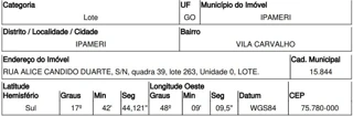 Imóvel 2543228 ['10221390'] - ['RUA ALICE CÂNDIDA DUARTE,N. 00 QD 39, LT 263, VILA CARVALHO - CEP: 75780-000, IPAMERI - GOIAS'] ['Vila Carvalho'] - ['Ipameri']/['GO'] - 1