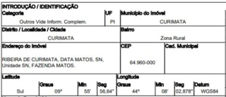 Imóvel 2910829 [''] - ['Fazenda Matos - Ribeira De Curimatá N. 00, Data Matos - Zona Rural/PI'] [''] - ['Curimatá']/['PI'] - 1