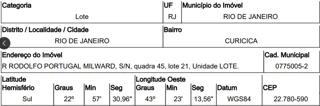 Imóvel 2871330 ['10291004'] - ['RUA RODOLFO PORTUGAL MILWARD,N. 00 QD 45, LT 21, CURICICA - CEP: 22780-590, RIO DE JANEIRO - RIO DE JANEIRO'] ['Curicica'] - ['Rio De Janeiro']/['RJ'] - 1