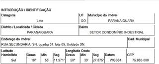 Imóvel 1957731 ['10007991'] - ['RUA SECUNDÁRIA,N. S/N QD 01, LT 09, ST COND INDUSTRIAL - CEP: 75880-000, PARANAIGUARA - GOIAS'] [''] - ['Paranaiguara']/['GO'] - 1
