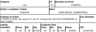 Imóvel 2711532 ['1444421790949'] - ['ESTRADA TRINTA E DOIS,N. 0 LT37 QD37 NUCLEO AGROBRASIL N SRA CARMO, AGRO BRASIL (SAMBAETIBA) - CEP: 24842-590, ITABORAI - RIO DE JANEIRO'] ['Agro Brasil'] - ['Itaboraí']/['RJ'] - 1