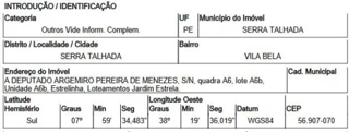 Imóvel 2910832 [''] - ['Rua Deputado Argemiro Pereira De Menezes N. Sn, Gleba A6 LT A6B - Vila Bela - Serra Talhada/PE'] ['Vila Bela'] - ['Serra Talhada']/['PE'] - 1