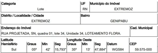 Imóvel 2507536 ['10220686'] - ['RUA PROJETADA,N. 00 QD 01, LT 34, GENIPABU - CEP: 59575-000, EXTREMOZ - RIO GRANDE DO NORTE'] [''] - ['Extremoz']/['RN'] - 1