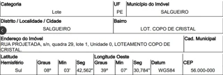 Imóvel 2858437 ['10290992'] - ['RUA PROJETADA,N. 00 QD 29, LT 01, LOT COPO DE CRISTAL - CEP: 56000-000, SALGUEIRO - PERNAMBUCO'] ['Lot. Novo Salgueiro'] - ['Salgueiro']/['PE'] - 1