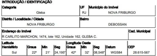 Imóvel 2494639 ['1444423966521'] - ['RUA CARLITO MARCHON,N. 1474 GL C LT 162, DEBOSSAN - CEP: 28615-567, NOVA FRIBURGO - RIO DE JANEIRO'] ['Debossan'] - ['Nova Friburgo']/['RJ'] - 1