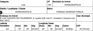 Imóvel 2970243 [''] - ['RUA LUIZ VALENTE DE FIGUEIREDO, N. 00, QD 226, LT 01, PARQUE SAGRADA FAMILIA, LOT PARQUE SAGRADA FAMILIA - RONDONOPOLIS/MT - CEP: 78735042, PARQUE SAGRADA FAMILIA'] ['Colina Verde'] - ['Rondonópolis']/['MT'] - 1