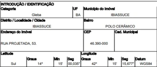Imóvel 2710844 ['10286269'] - ['RUA PROJETADA 53,N. 00 QD 148, LT 1188, POLO CERÂMICO - CEP: 46390-000, IBIASSUCE - BAHIA'] [''] - ['Ibiassucê']/['BA'] - 1