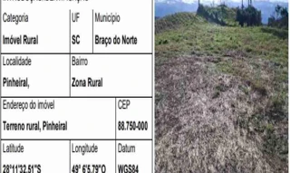 Imóvel 2618044 [''] - ['TERRENO RURAL PINHEIRAL,N. 00 IMÓVEL RURAL, PINHEIRAL - CEP: 88750-000, BRACO DO NORTE - SANTA CATARINA'] [''] - ['Braço Do Norte']/['SC'] - 1