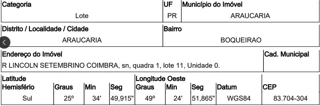Imóvel 2969947 ['10309360'] - ['RUA LINCOLN SETEMBRINO COIMBRA,N. 00 QD 1, LT 11, BOQUEIRAO - CEP: 83704-304, ARAUCARIA - PARANA'] ['Boqueirão'] - ['Araucária']/['PR'] - 1