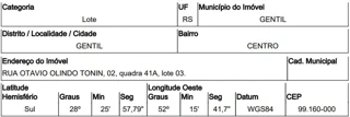 Imóvel 2543151 ['10221518'] - ['AVENIDA OTÁVIO OLINDO TONIN,N. 00 QD 41-A, LT 03, CENTRO - CEP: 99160-000, GENTIL - RIO GRANDE DO SUL'] [''] - ['Gentil']/['RS'] - 1