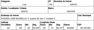 Imóvel 2543152 ['10221524'] - ['AVENIDA JOSÉ BUSNELLO,N. 00 QD 28, LT 07, CENTRO - CEP: 99160-000, GENTIL - RIO GRANDE DO SUL'] [''] - ['Gentil']/['RS'] - 1