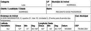 Imóvel 2603752 ['10219346'] - ['AVENIDA DOS IMIGRANTES,N. 00 QD 21, LT 10, RECANTO DOS PASSAROS - CEP: 78890-283, SORRISO - MATO GROSSO'] ['Centro Norte'] - ['Sorriso']/['MT'] - 1