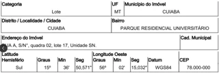 Imóvel 2950454 [''] - ['Rua A, N. s/n, QD 02, LT 17, PARQUE UNIVERSITARIO'] [''] - ['Cuiabá']/['MT'] - 1