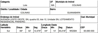 Imóvel 2507456 ['10220163'] - ['AVENIDA LESTE OESTE,N. 00 QD 03, LT 12, GUANABARA - CEP: 65690-000, COLINAS - MARANHAO'] [''] - ['Colinas']/['MA'] - 1