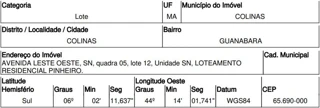 Imóvel 2507458 ['10220160'] - ['AVENIDA LESTE OESTE,N. 00 QD 05, LT 12, GUANABARA - CEP: 65690-000, COLINAS - MARANHAO'] [''] - ['Colinas']/['MA'] - 1