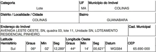 Imóvel 2507459 ['10220159'] - ['AVENIDA LESTE OESTE,N. 00 QD 03, LT 11, GUANABARA - CEP: 65690-000, COLINAS - MARANHAO'] [''] - ['Colinas']/['MA'] - 1
