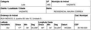 Imóvel 2666459 ['10281407'] - ['RUA MÉXICO,N. 00 QD 09, LT 10, RESID. MAURA CORREA - CEP: 38780-000, VAZANTE - MINAS GERAIS'] [''] - ['Vazante']/['MG'] - 1