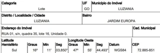Imóvel 2614160 ['10218369'] - ['RUA 1,N. SN QD 35, LT 16, JARDIM EUROPA - CEP: 72855-851, LUZIANIA - GOIAS'] [''] - ['Luziânia']/['GO'] - 1