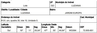 Imóvel 2614161 ['10218354'] - ['RUA 1,N. SN QD 35, LT 15, JARDIM EUROPA - CEP: 72855-851, LUZIANIA - GOIAS'] [''] - ['Luziânia']/['GO'] - 1