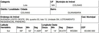 Imóvel 2507462 ['10220156'] - ['AVENIDA LESTE OESTE,N. 00 QD 03, LT 13, GUANABARA - CEP: 65690-000, COLINAS - MARANHAO'] [''] - ['Colinas']/['MA'] - 1