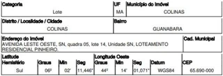 Imóvel 2507463 ['10220056'] - ['AVENIDA LESTE OESTE,N. 00 QD 05, LT 14, GUANABARA - CEP: 65690-000, COLINAS - MARANHAO'] [''] - ['Colinas']/['MA'] - 1