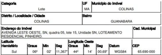 Imóvel 2507465 ['10220050'] - ['AVENIDA LESTE OESTE,N. 00 QD 05, LT 15, GUANABARA - CEP: 65690-000, COLINAS - MARANHAO'] [''] - ['Colinas']/['MA'] - 1