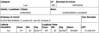 Imóvel 2532865 ['10220684'] - ['ALAMEDA DOS BALSAMOS,N. 00 QD 02, LT 28, CONDOMINIO LAGAMAR - CEP: 37038-016, VARGINHA - MINAS GERAIS'] ['Condomínio Lagamar'] - ['Varginha']/['MG'] - 1