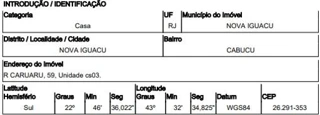 Imóvel 2551566 ['8444412047870'] - ['RUA CARUARU,N. 59 CS 03 LT 03 QD 40, CABUCU - CEP: 26291-353, NOVA IGUACU - RIO DE JANEIRO'] ['Cabuçu'] - ['Nova Iguaçu']/['RJ'] - 1