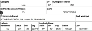Imóvel 2932467 ['10303900'] - ['SÍTIO PIRAPITINGUI,N. S/N 00, PIRAPITINGUI - CEP: 13300-001, ITU - SAO PAULO'] ['Pirapitingui'] - ['Itu']/['SP'] - 1