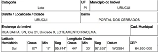 Imóvel 2567468 ['10221529'] - ['RUA BAHIA,N. 00 LT 21, PORTAL DOS CERRADOS - CEP: 64860-000, URUCUI - PIAUI'] [''] - ['Uruçuí']/['PI'] - 1