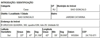 Imóvel 2557369 ['8444420295721'] - ['RUA URUCUIA QUADRA,N. 382 CASA-02, JARDIM CATARINA - CEP: 24715-571, SAO GONCALO - RIO DE JANEIRO'] ['Jardim Catarina'] - ['São Gonçalo']/['RJ'] - 1