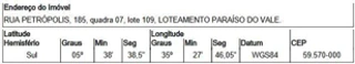Imóvel 1149177 ['8444421756889'] - ['RUA PETRÓPOLIS,N. 185 LOTE 109 QUADRA 07, PLANALTO - CEP: 59570-000, CEARA-MIRIM - RIO GRANDE DO NORTE'] [''] - ['Ceará-Mirim']/['RN'] - 1