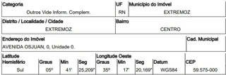 Imóvel 2614477 ['10221027'] - ['RUA OSJUAN,N. 00 COORDENADAS REFERENCIADAS NO RGI, CENTRO - CEP: 59575-000, EXTREMOZ - RIO GRANDE DO NORTE'] [''] - ['Extremoz']/['RN'] - 1