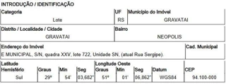 Imóvel 2437582 ['10145865'] - ['RUA SERGIPE,N. S/N APTO. L) QD XXV, LT 722, NEOPOLIS - CEP: 94100-070, GRAVATAI - RIO GRANDE DO SUL'] ['Neópolis'] - ['Gravataí']/['RS'] - 1