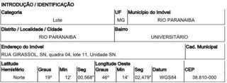 Imóvel 2380182 ['10176227'] - ['RUA GIRASSOL,N. SN QD 04, LT 11, RIO PARANAIBA - CEP: 38810-000, RIO PARANAIBA - MINAS GERAIS'] [''] - ['Rio Paranaíba']/['MG'] - 1