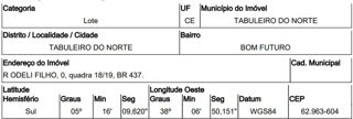 Imóvel 2547784 ['10222107'] - ['RUA ODELI FILHO (BR 437),N. 00 QD 18/19, BOM FUTURO - CEP: 62963-604, TABULEIRO DO NORTE - CEARA'] ['Bom Futuro'] - ['Tabuleiro Do Norte']/['CE'] - 1