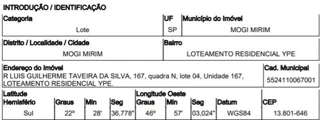 Imóvel 2667690 ['10281989'] - ['RUA LUÍS GUILHERME TAVEIRA DA SILVA,N. 167 QD N, LT 04, LOTEAMENTO RESIDENCIAL YPE - CEP: 13801-646, MOGI MIRIM - SAO PAULO'] [''] - ['Mogi Mirim']/['SP'] - 1