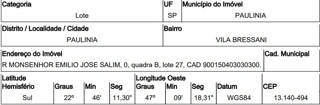 Imóvel 2567890 ['10221515'] - ['RUA MONSENHOR EMÍLIO JOSÉ SALIM,N. 00 QD B, LT 27, VILA BRESSANI - CEP: 13140-494, PAULINIA - SAO PAULO'] ['Vila Bressani'] - ['Paulínia']/['SP'] - 1